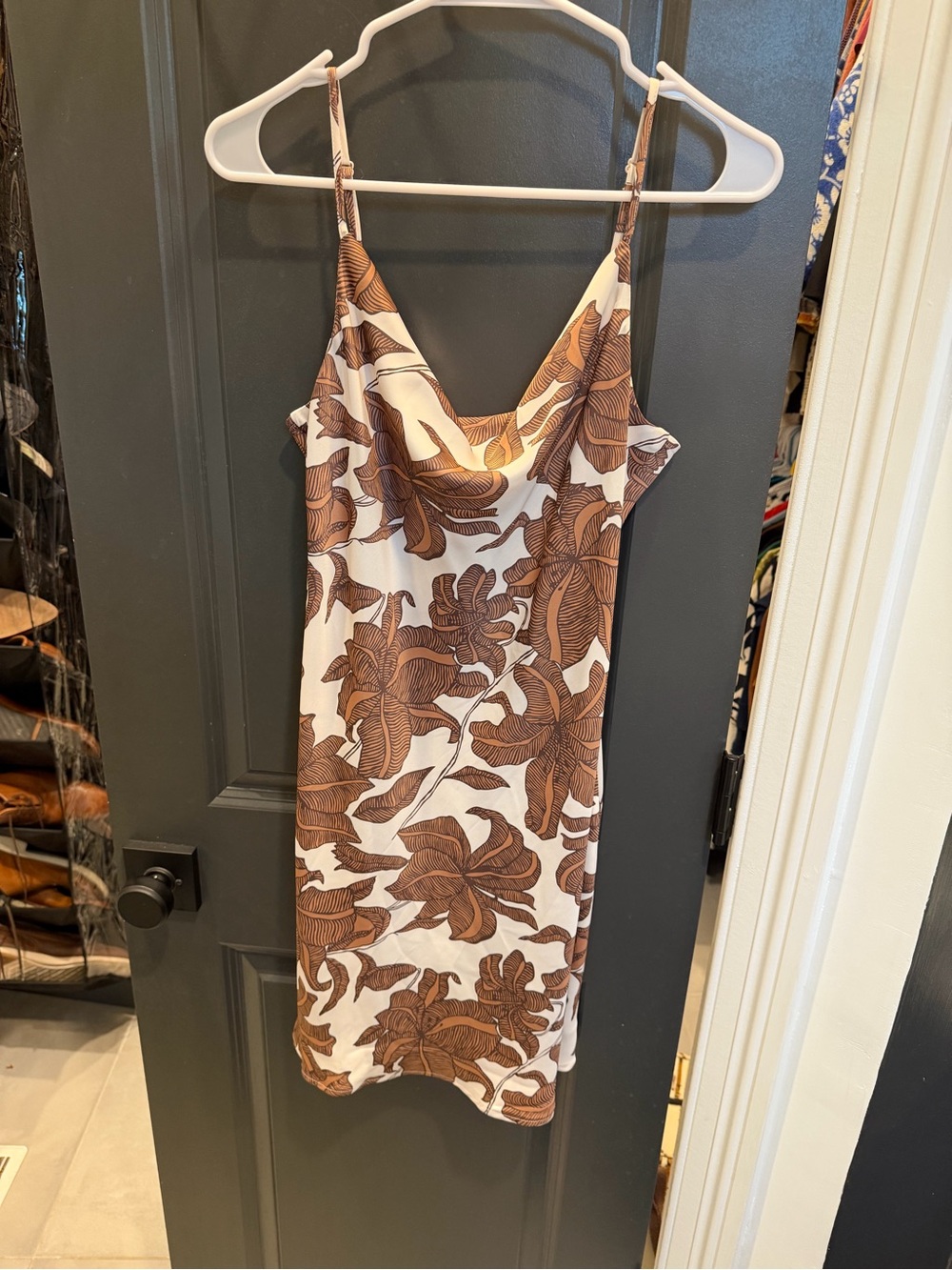Anthropologie Cream Slip Dress with Brown Leaf Print
